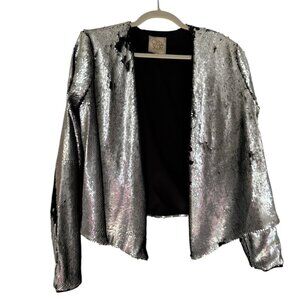 Chaser Silver Sequin Open Draped Lined Blazer Jacket Long Sleeve Size Medium EUC